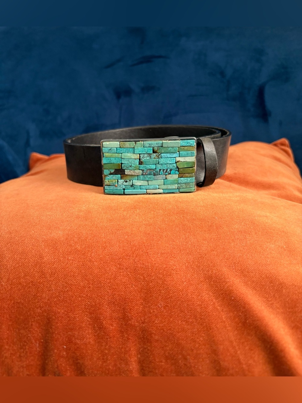 VTG 90s Streets Ahead Black Leather Belt w/Genuine Turquoise Mosaic Buckle. Sz:S
